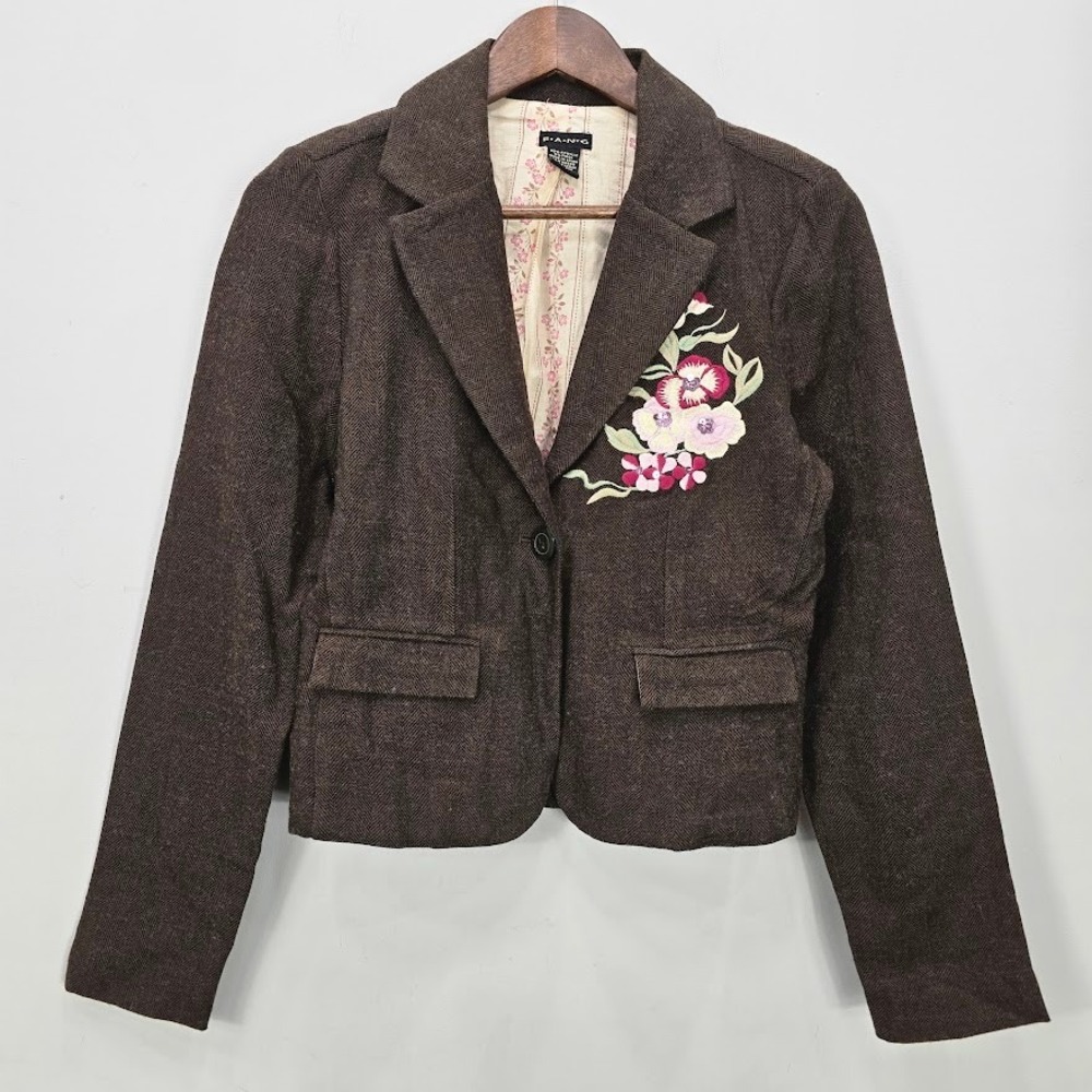 Vtg 90s Y2K Fang Blazer Jacket M Embroidered Sequin Wool Blend Forest Fairy Boho